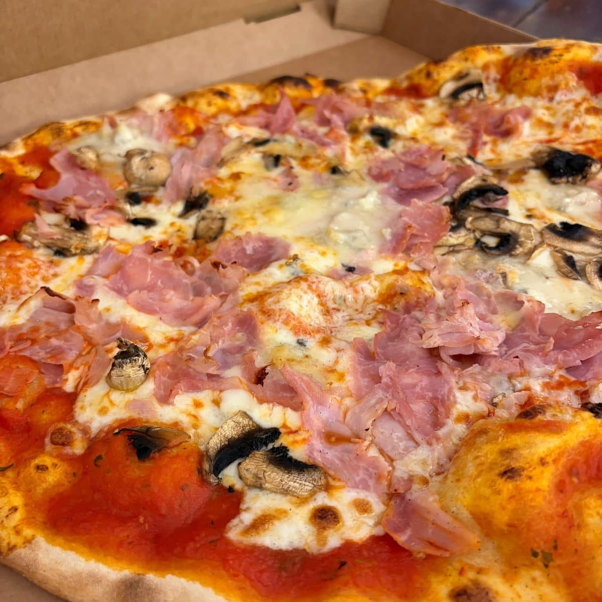 Gros plan sur une pizza au jambon, champignons et olives, mozzarella encore fondante.